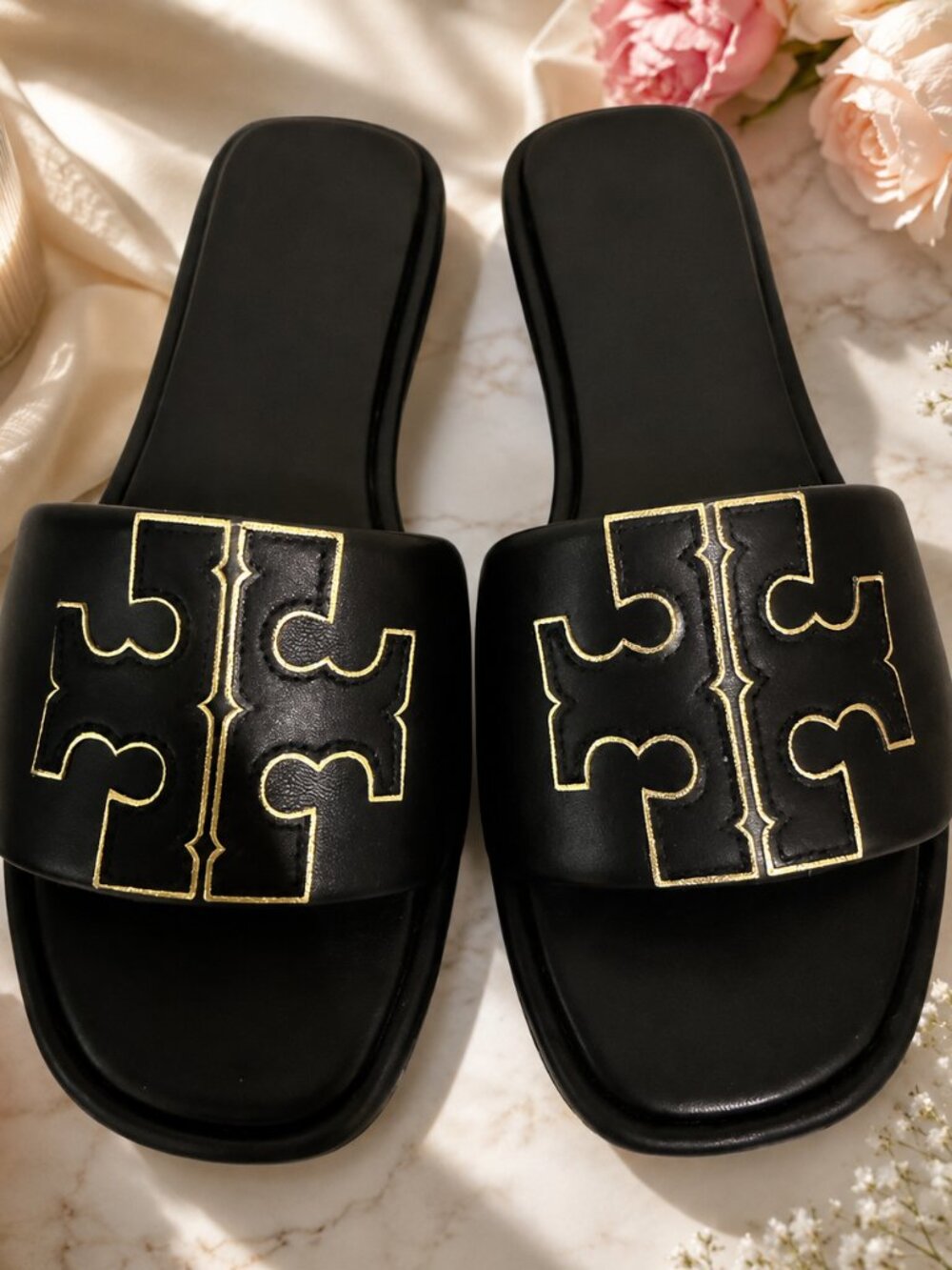 NEW IN BOX Tory Burch Double T Slides Perfect Black/Gold